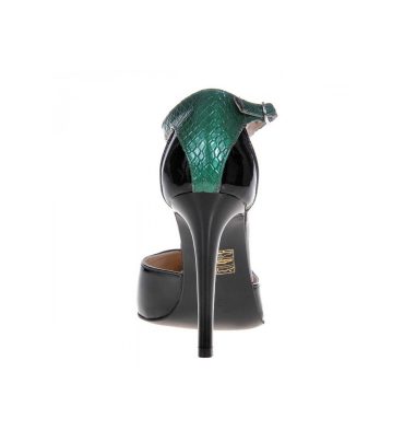 Pantofi stiletto piele lacuita neagra piele imprimeu verde