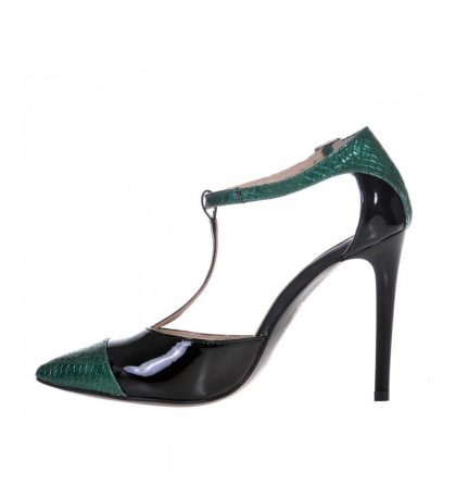 Pantofi stiletto piele lacuita neagra piele imprimeu verde